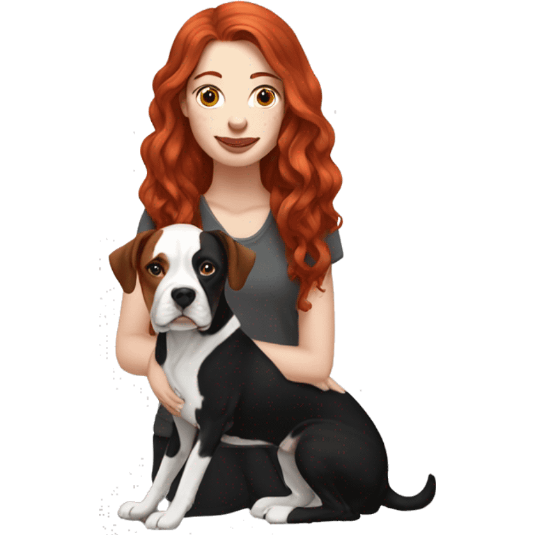 Long Red haired woman with septum piercing holding black and white English Staffordshire dog emoji