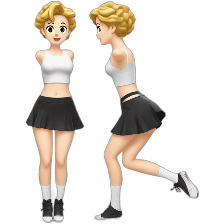 alistic-full-body-caucasian-curvy-фигуристка-jumping-short-black-skirt-back-and-front-views-strong-wind-white knickers-long-white-socks emoji