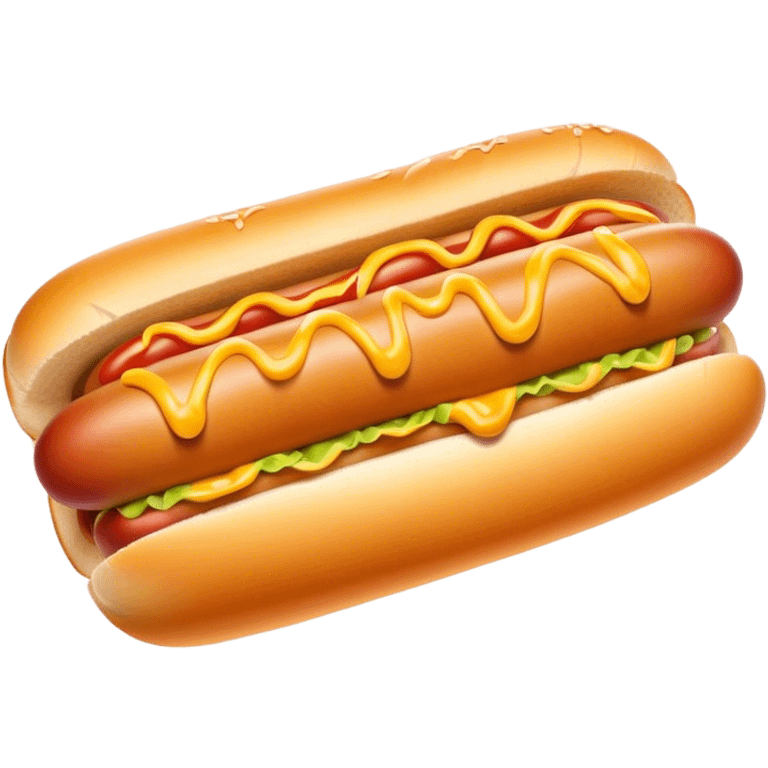 Cinematic classic hot dog, nestled in a soft toasted bun, drizzled with mustard and ketchup, juicy and flavorful, warm golden tones, ultra-detailed and mouthwatering. emoji