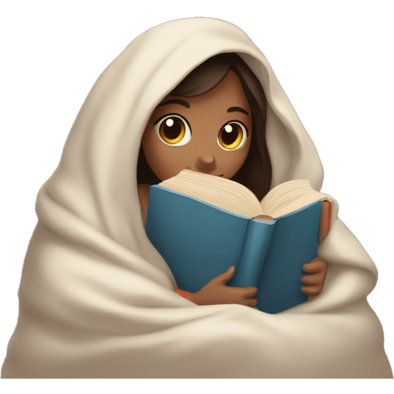 beautiful brunette girl hugging a book under a blanket emoji