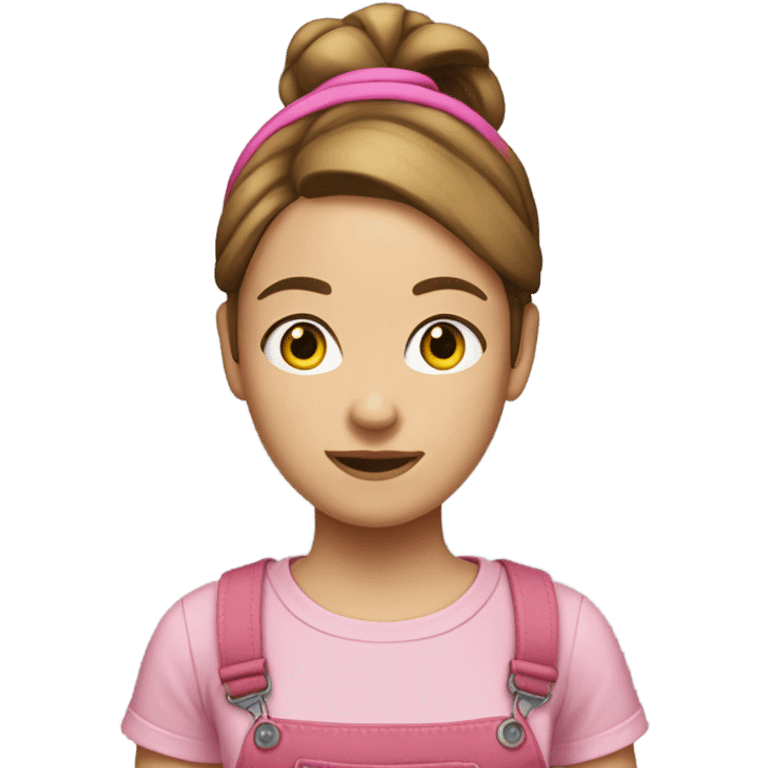 A white woman with brown hair in pony tail wearing pink headband, pink t shirt and overalls  emoji