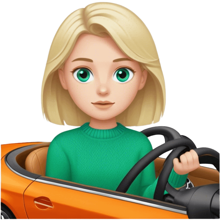 Cinematic realistic ash blonde with blue eyes, dressed in a green sweater, driving an orange Mercedes car emoji