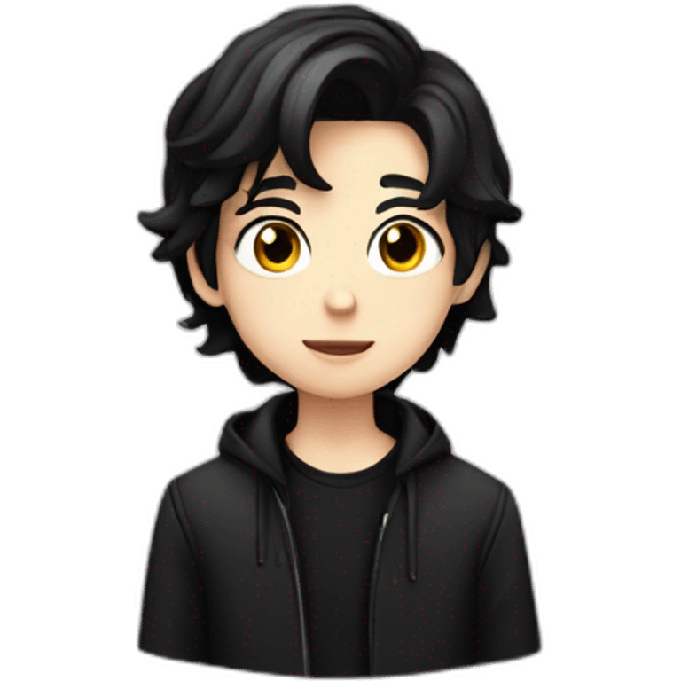 14 year old handsome boy white skin, black medium length hair, wearing black coat on a white shirt emoji