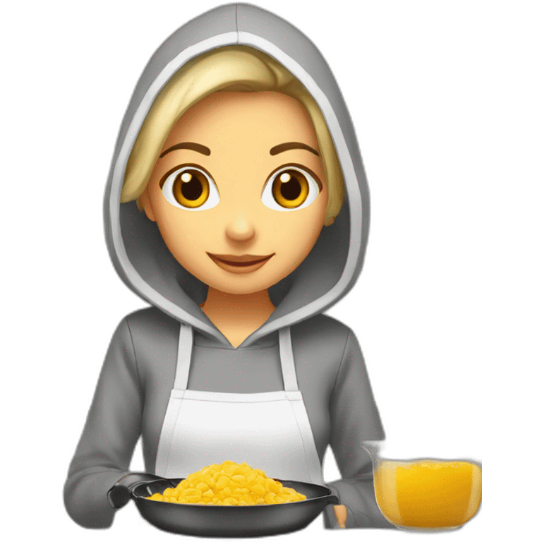 Girl is cooking scramble , white skin, light colour of hair, hoodie, trousers , straight hair emoji