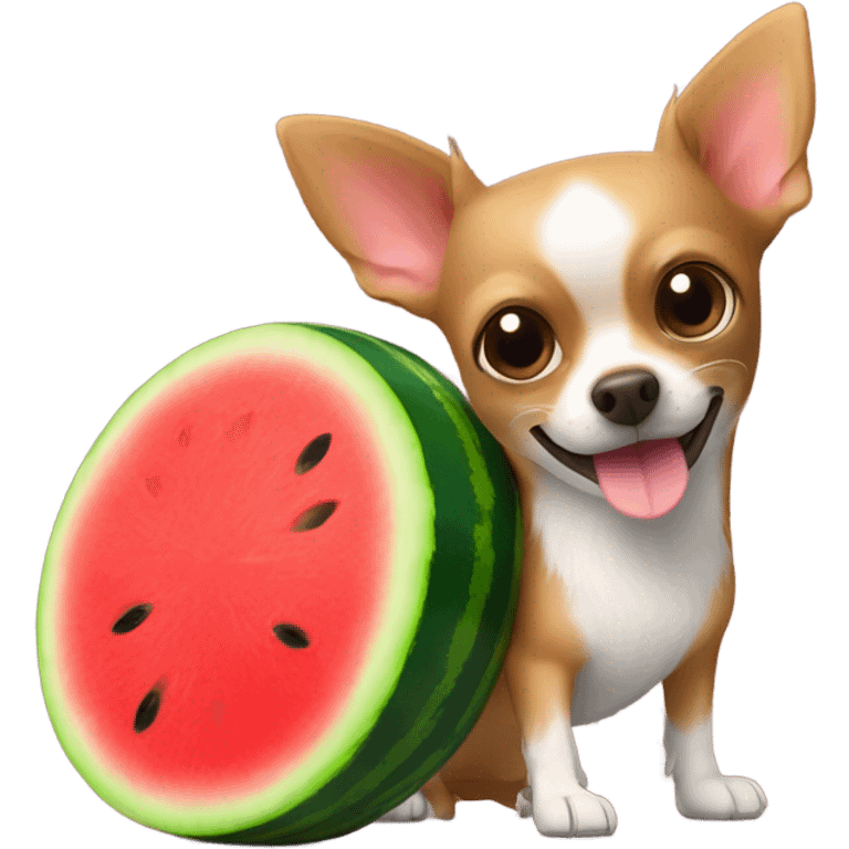 Brown chihuahua rides on fluffy watermelon toy emoji