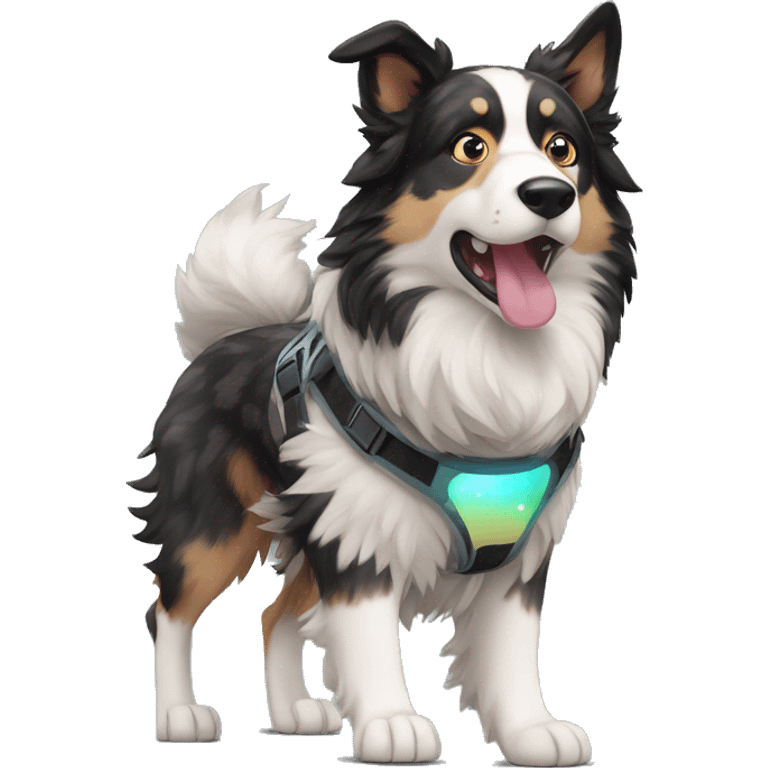  Black spotted brindle collie husky fluffy ears and holographic harness running emoji