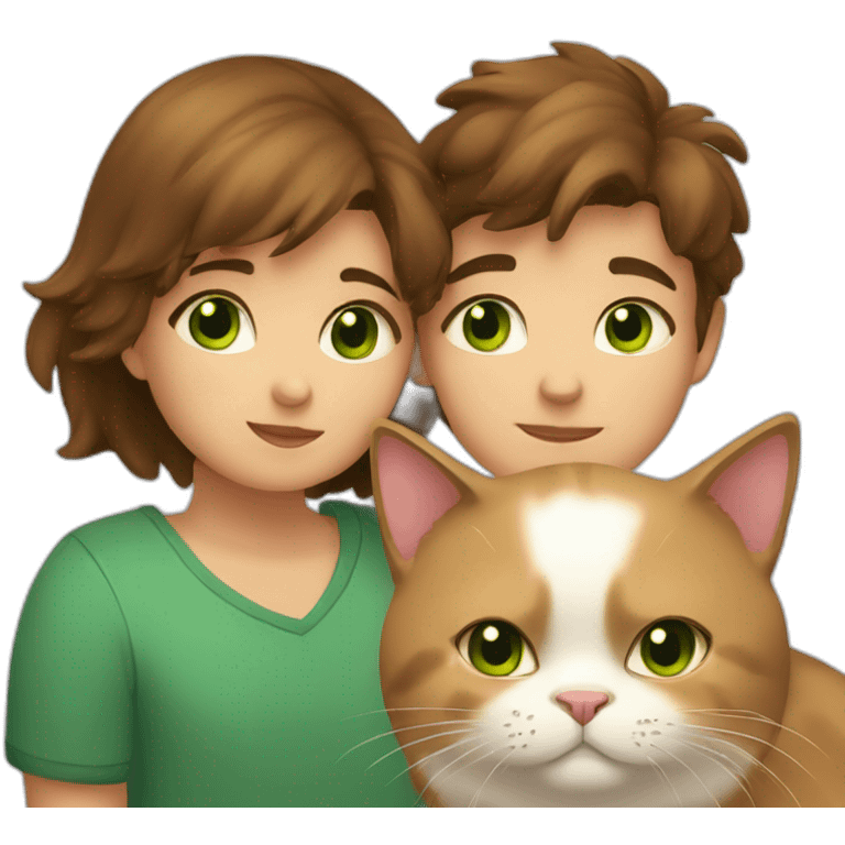 Girl with brown eyes and brown short hair kisses boy with long brown hair and green eyes and hugs brown fat cats emoji