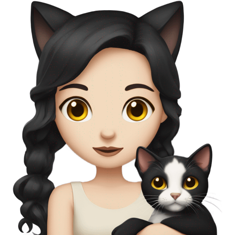 A girl with white skin, mid long auburn and black hair, holding a black cat with yellow eyes emoji