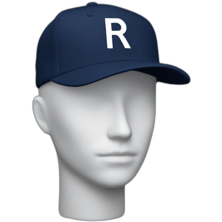 a navy baseball cap with a small white letter R on the front, seen from the side emoji