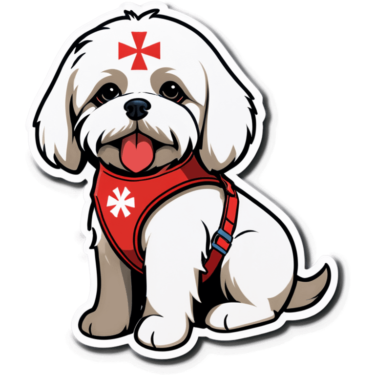 Maltese is a service dog wearing a red harness with a medical symbol  emoji