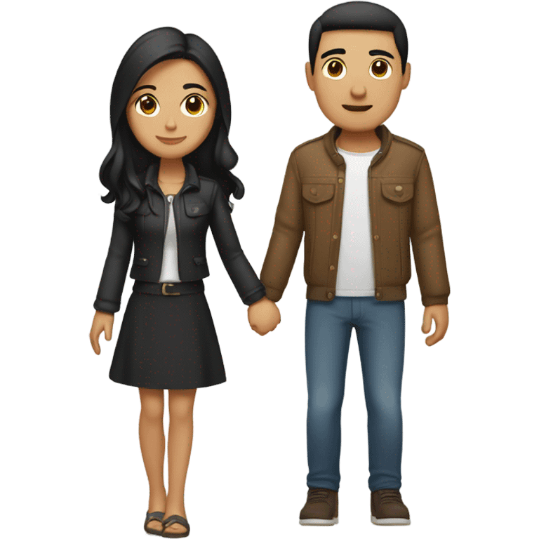 a couple holding hands. the guy has black middle part hair and is Persian and Filipino mix, wearing a jacket. the girl has brown medium length hair white and asian mix, wearing a crop top. emoji