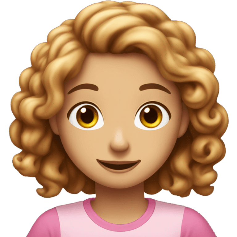 A girl with fair skin, a brunette with long curly hair and brown eyes. Eating sinabon in a pink T-shirt. emoji