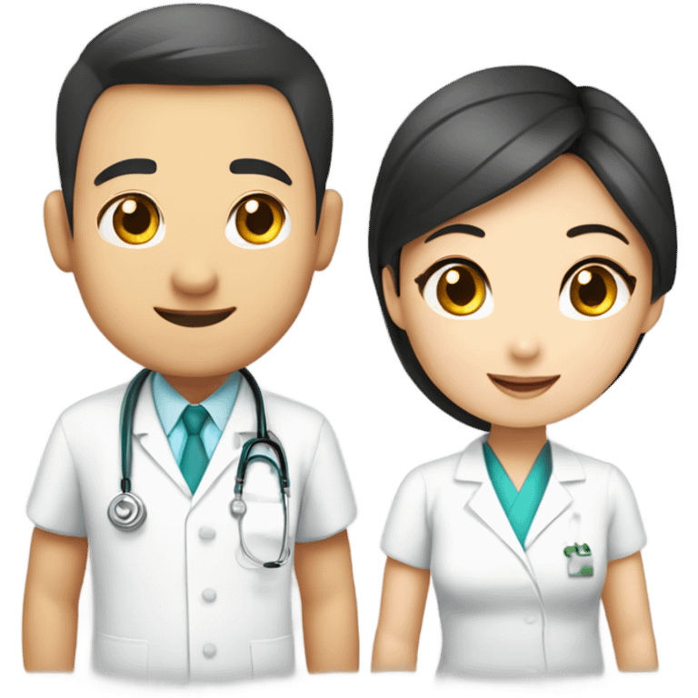 A Chinese girl in QiPao looked at a male doctor in white uniform admired  emoji