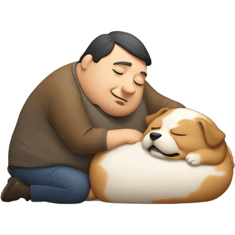 A dog sleeps on a chubby man emoji