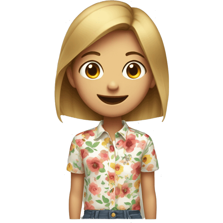 smiling girl in floral shirt, mouth closed emoji