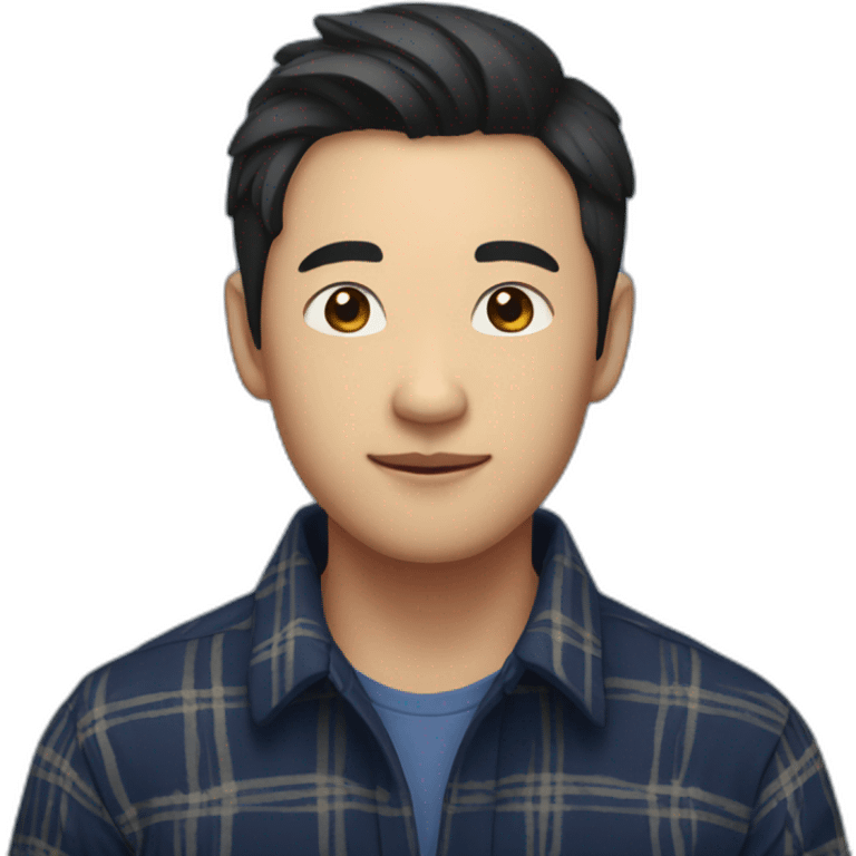 A asian young man with no beard,  short black hair, exuding confidence, clad in a navy blue checked flannel shirt. emoji