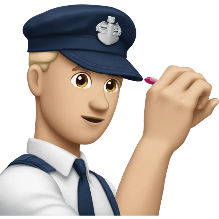 A  white man putting on lipstick in a navy outfit  emoji