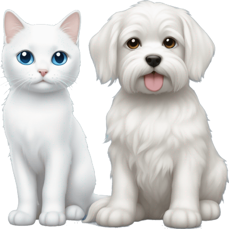 Maltese puppy and white cat with blue eyes next to eachother emoji