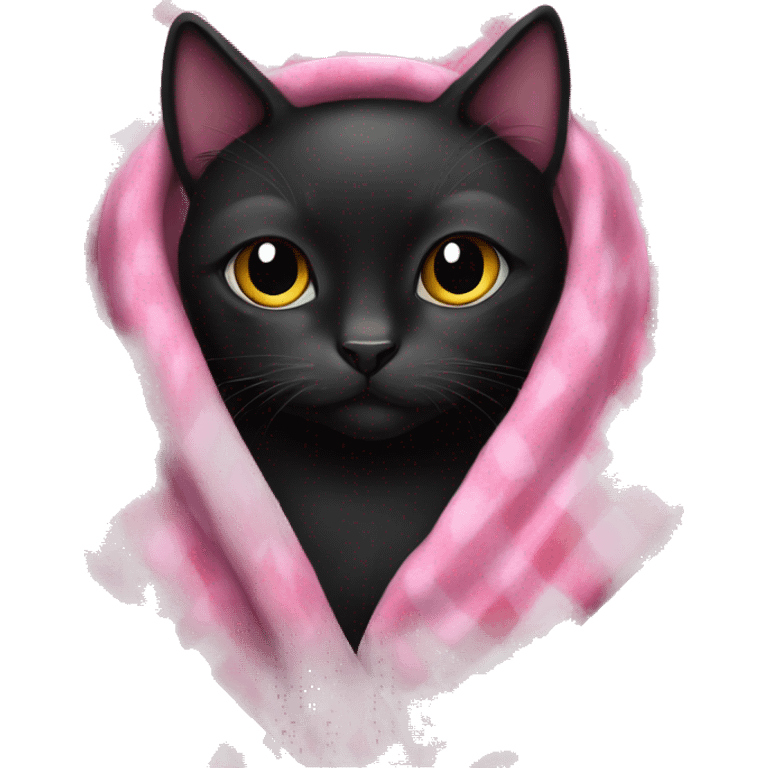 Black cat cozy in pink blanket emoji