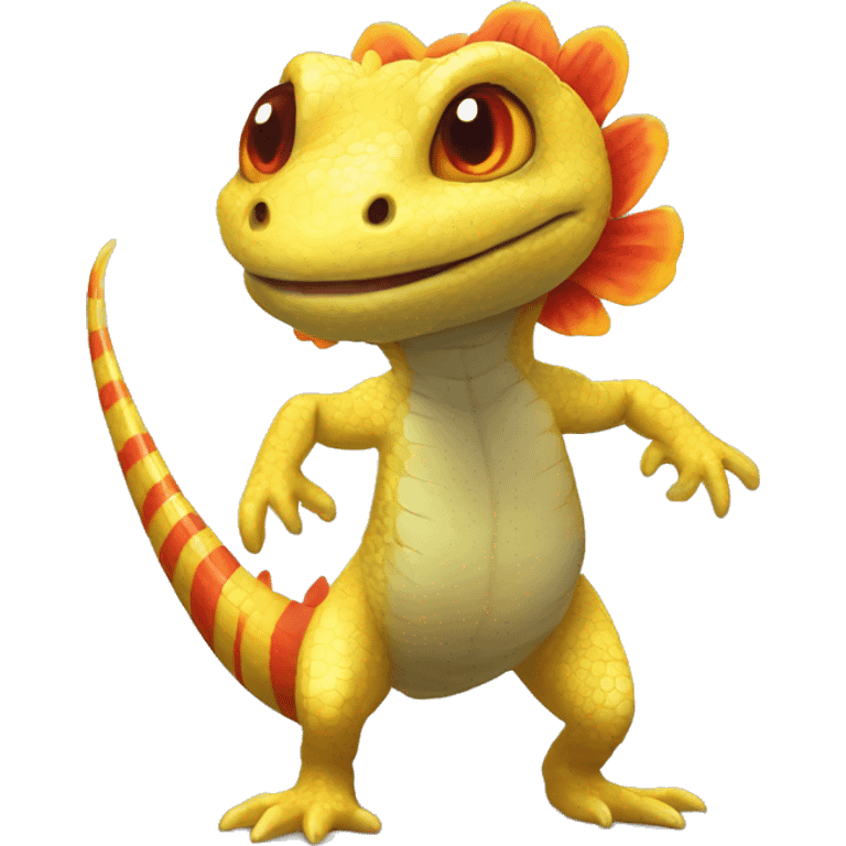 A Yellow Shiny Anthro-Scalie-Lizard-Reptile-Salamander-Fakémon with red stripes and orange frills Full Body emoji