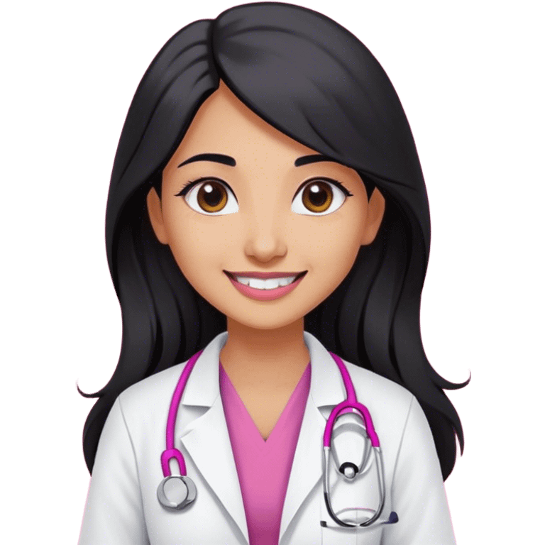 A indian female doctor with black long hair , doe eyes smiling without teeth , wearing white lab coat over dark pink scrubs and properly drawn stethoscope  emoji