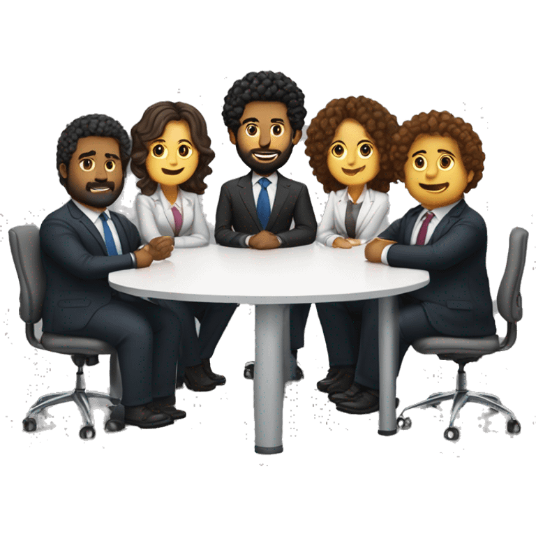 work meeting table 3 men and 4 women sitting on a table wearing suits the women have curly hair and one of the men is fat with a beard and of them is tanned with curly hair emoji