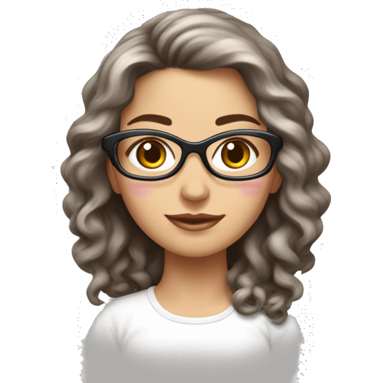 Femme blanche, brune, cheveux longs bouclés, lunettes rose pâle emoji