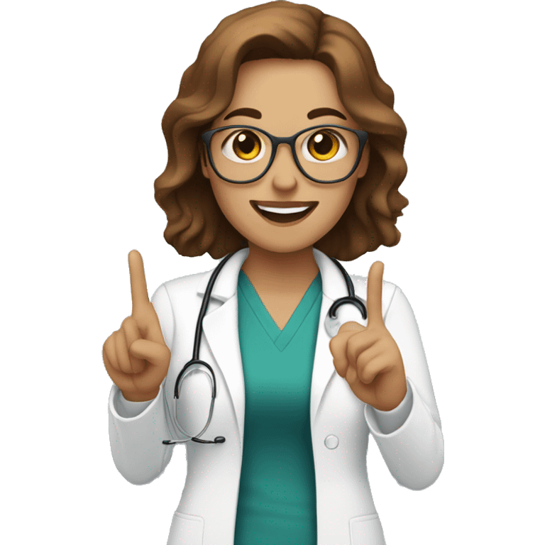 white Woman with brown hair doctor smiling and doing a peace sign emoji