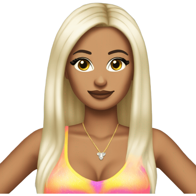 Tanned woman with long black hair, dressed in y2k Paris Hilton hair, makeup, and neon attire emoji