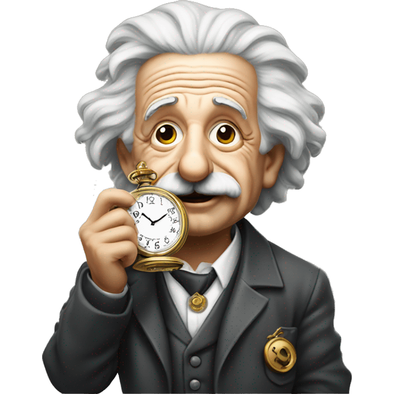 Albert Einstein holding an antique watch on a chain emoji