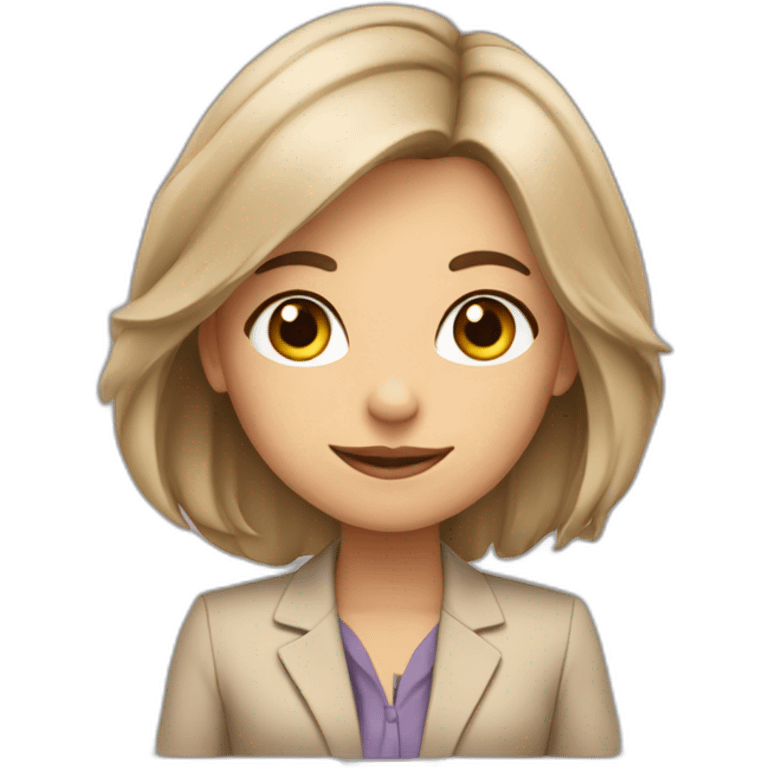 A girl with gray eyes and shoulder-length hair sits in a beige business suit at a laptop emoji