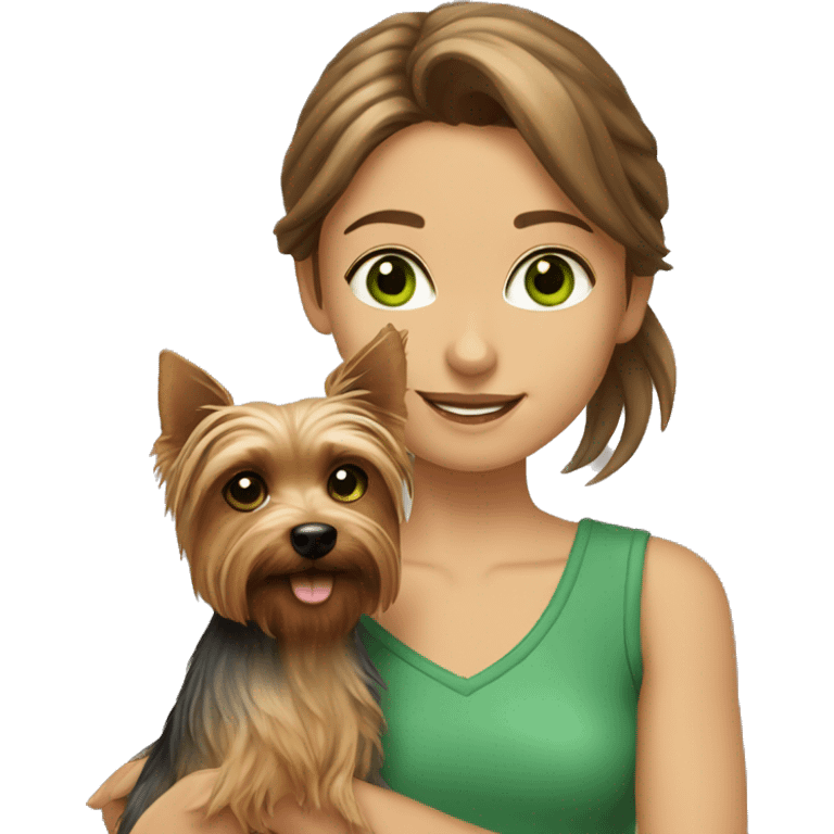 Girl with brown hair and green eyes is holding a silky terrier dog  emoji