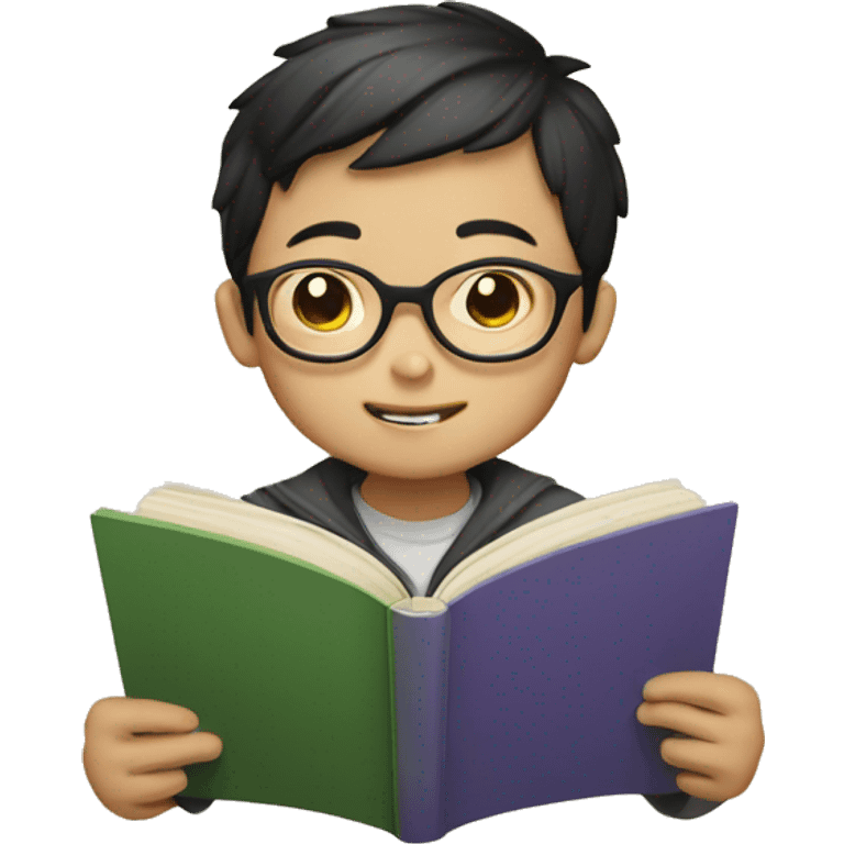 Chinese boy with glasses reading book emoji