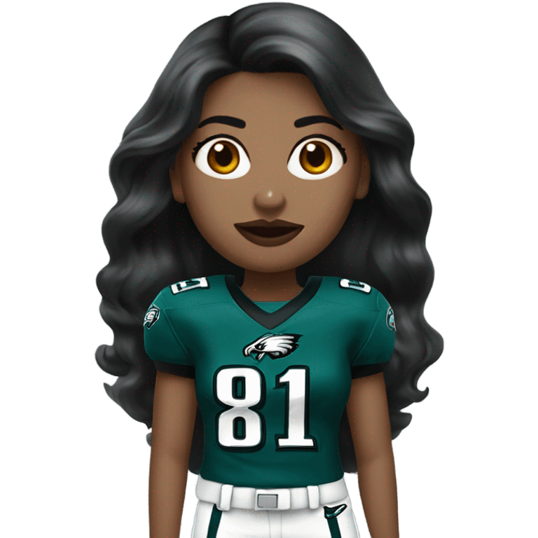 White female long dark hair red lips wearing Philadelphia Eagles jersey emoji