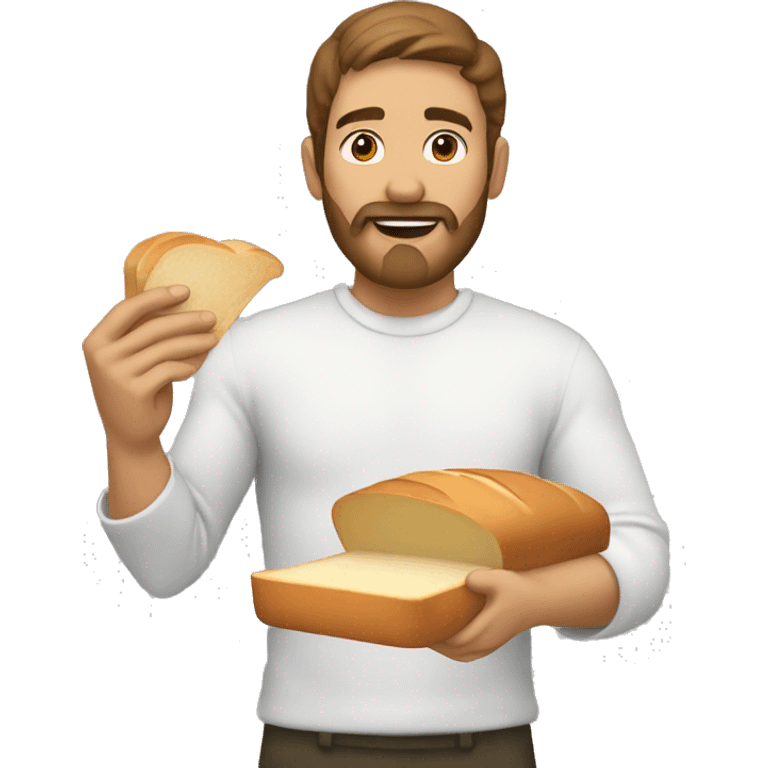 Man with white skin, brown har and brown medium beard eat a slice of white bread emoji