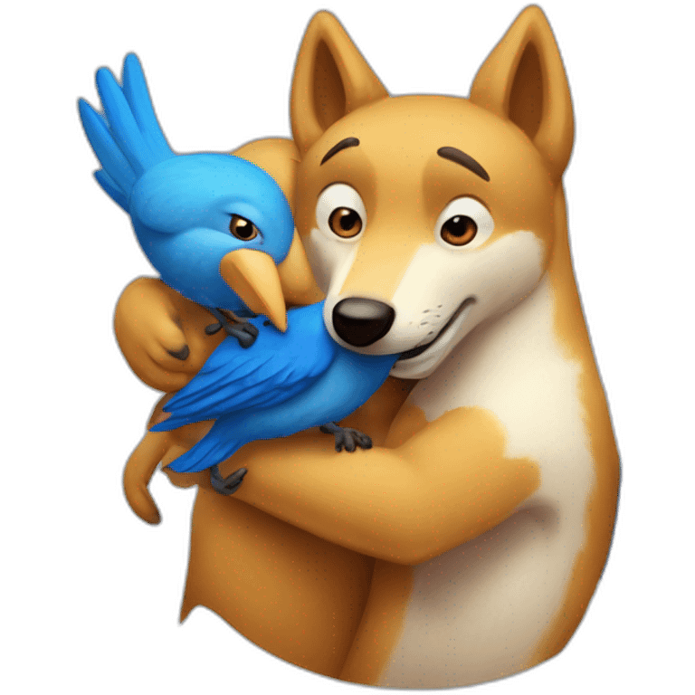 Anthropomorphic dingo giving an anthropomorphic blue bird a hug emoji