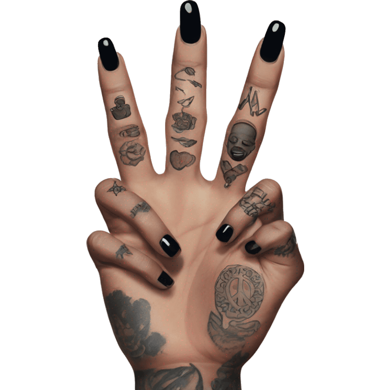 Hand making a peace sign with black nails and tattoos emoji