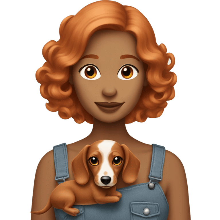 Redhead 👩🏼‍🦰 women with puppy longhair dachshund cream colours in front of her emoji