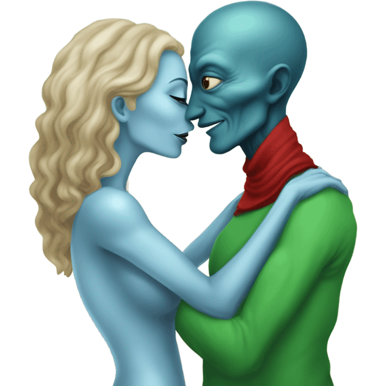 Beatiful tall blue skin woman extraterrestial reptilian 47 years old in red dress, kissing white man in green dress, real photo, real photo realism, full figure, full body emoji