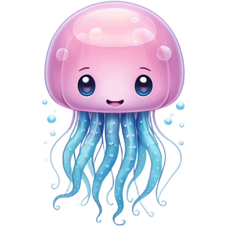 Cinematic floating kawaii jellyfish, tiny round body, soft glowing tentacles, pastel pink and blue hues, delicate sparkling highlights, dreamy and adorable. emoji