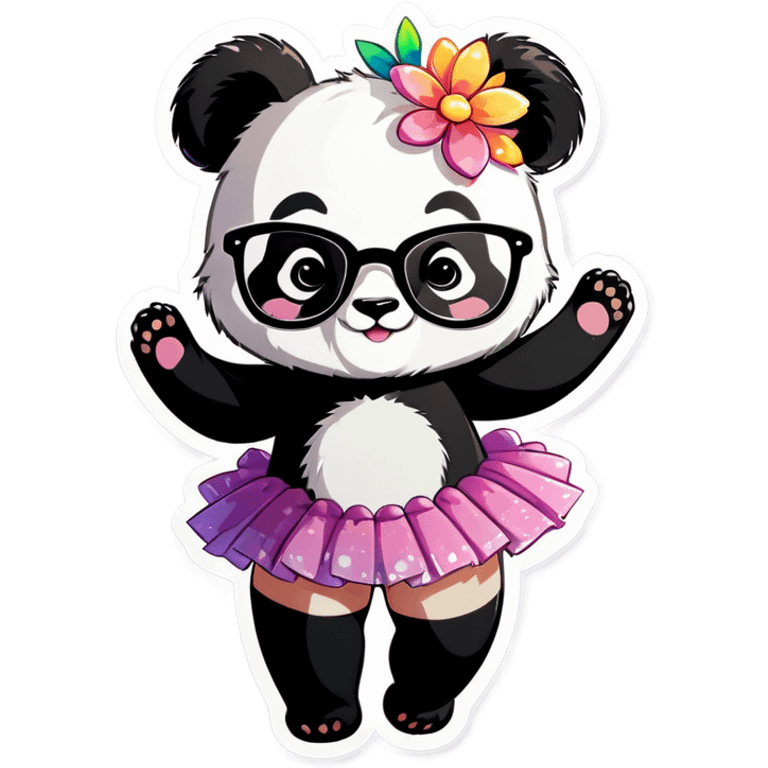 Cute female Panda wearing a tutu and glasses with a flower above 1 ear emoji