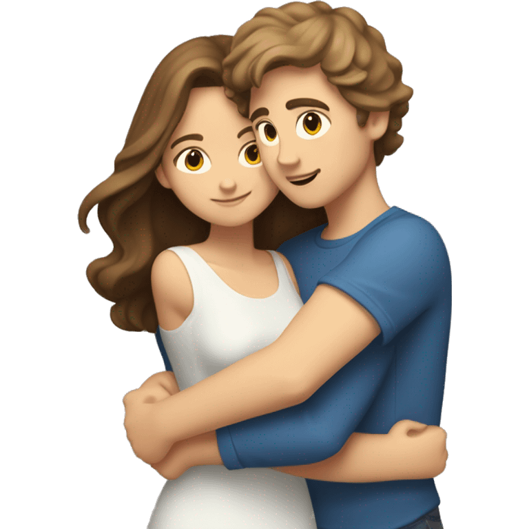 A caucasian brown haired boy hugging his caucasian brown haired girlfriend emoji