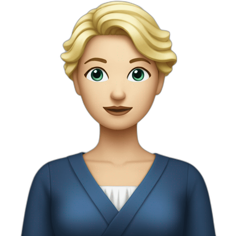 une femme blonde aux yeux bleus avec une robe d'avocate emoji