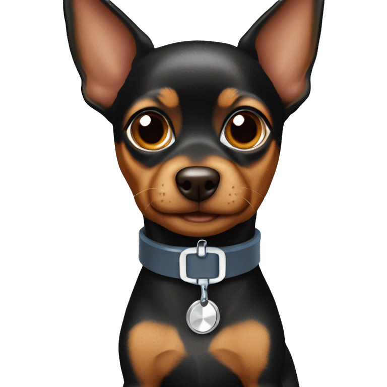 black and brown toy terrier in a medical collar emoji