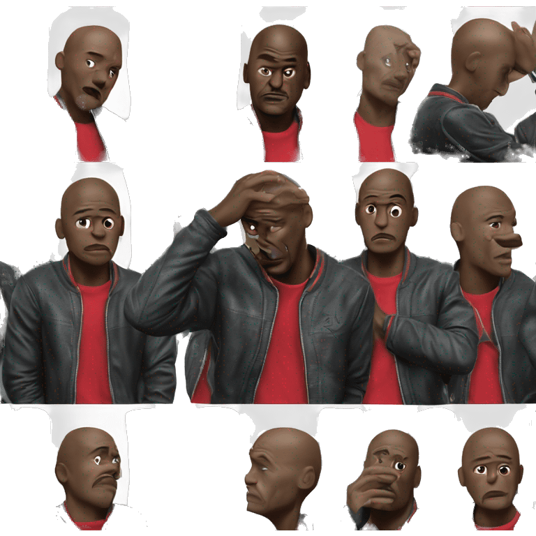 Michael Jordan in a jacket holds his head and is sad photorealistic serious emoji