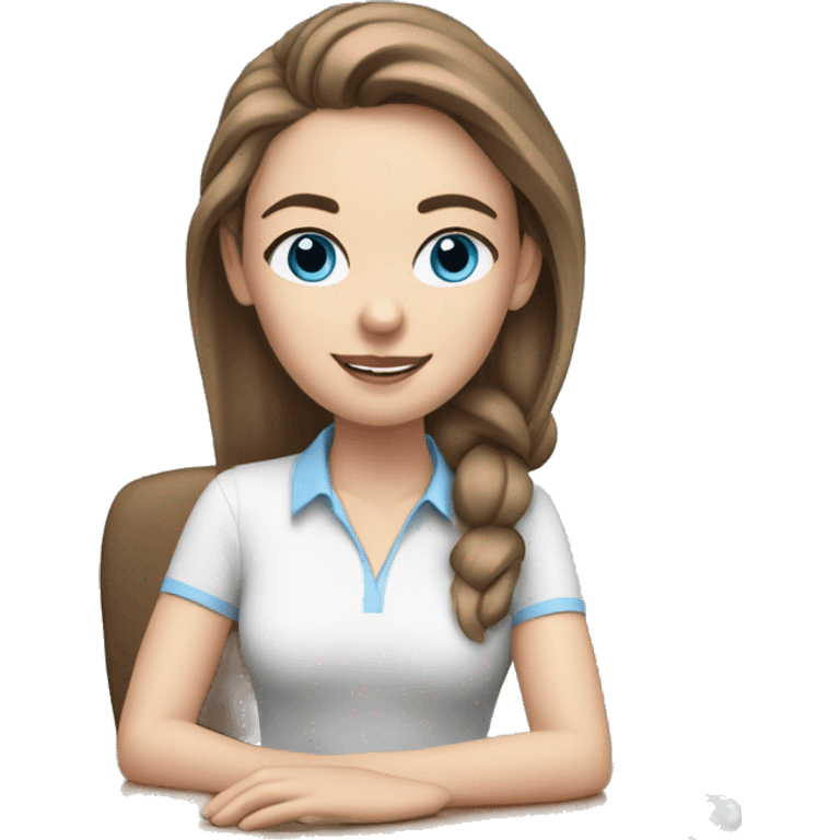 white girl at desk, brown hair, ponytail, blue eyes, computer, airpods emoji