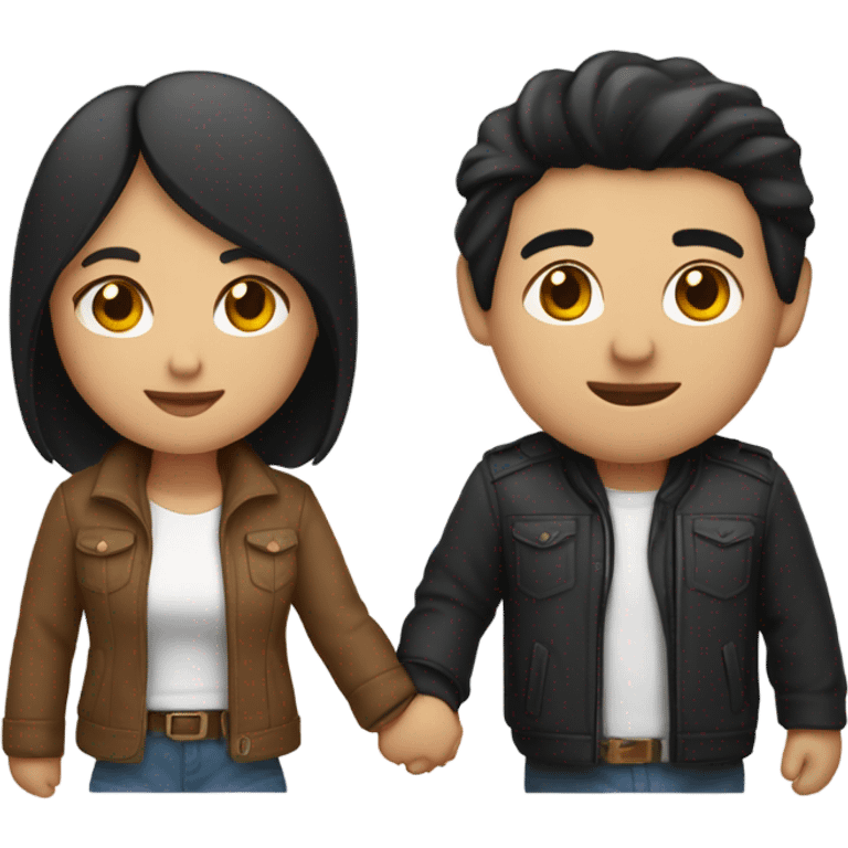 a couple holding hands. the guy has black middle part hair and is Persian and Filipino mix, wearing a jacket. the girl has brown hair white and asian mix, wearing a crop top. emoji