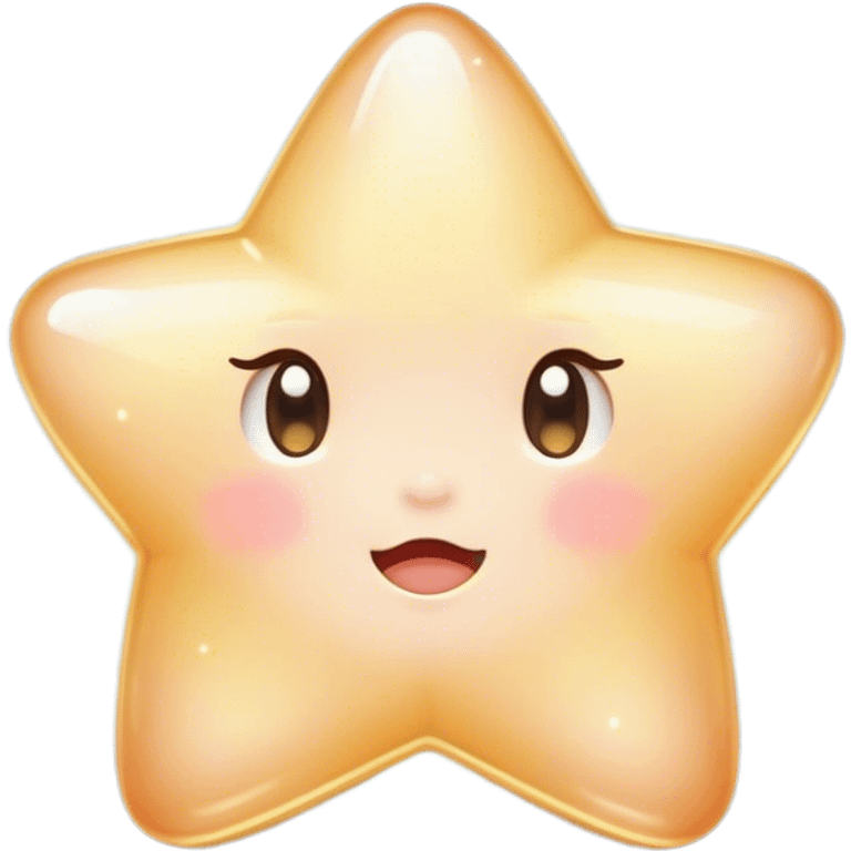 Cinematic cute sparkling star, chubby rounded edges, golden glow, tiny blushing cheeks, warm and gentle shine, twinkling softly in a pastel night sky. emoji