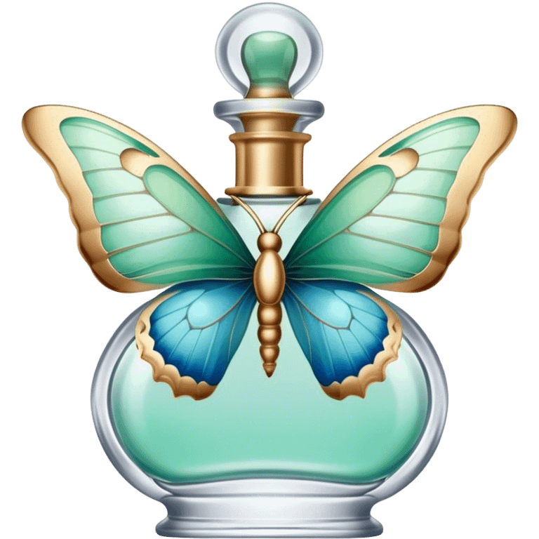 A delicate butterfly with pastel green and blue wings resting on a vintage glass perfume bottle with golden details. emoji