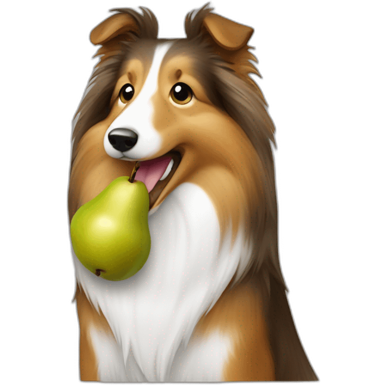 Sheltie holding a pear in its mouth emoji